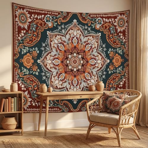 Motanber Vintage Mandala Tapestry Wall Hanging Boho Floral Tapestry Aesthetic Bohemian Flower Hippie Retro Indian Cute Large Tapestries for Bedroom Living Room Dorm Wall Decor 80 x 60 Inch - color: Dark Red Green, size: 80"L x 60"W