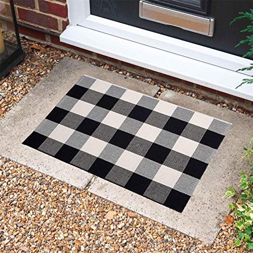 Winwinplus Buffalo Plaid Check Rug 23.6 x 35.4 Inches Cotton Washable Woven Checkered Indoor/Outdoor Rugs for Doorway/Living Room/Kitchen/Front Porch Layered Door Mat Decor/Farmhouse, Black and White - color: Black and White Plaid, size: 1'11" x 2'11" (Re