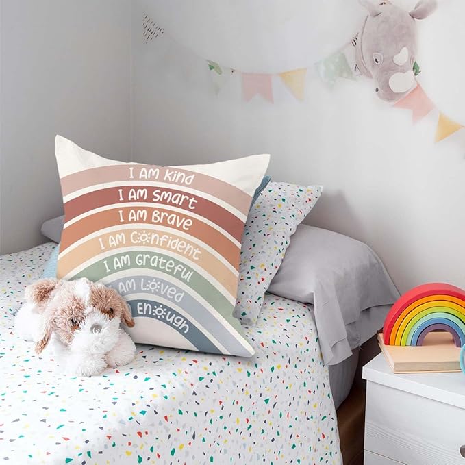 QIYUHOY Kids Classroom Reading Corner Rainbow Throw Pillow Covers 18x18, Positive Affirmations Pillow Case Decor for Calming Corner Cozy Corner Nursery Toddler Room Playroom