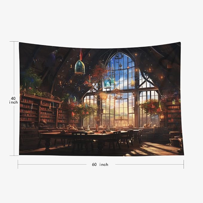 EMMTEEY Fantasy Library Wall Tapestry 60X40 Inch - Bookshelf Home Wall Decor Vintage Dark Academia Backdrop for Living Room Dorm