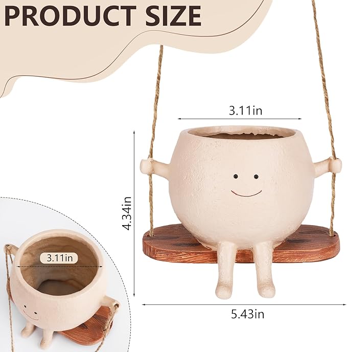 Cute Smiley Face Hanging Planter Pot - Adorable Indoor/Outdoor Flower Plant Holder with Drainage Hole - Perfect for Home, Garden, Office Decor