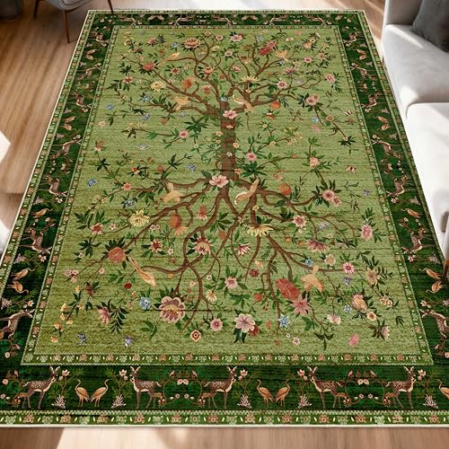 Green Area Rugs 5x7, Machine Washable Non-Slip Rug, Boho Floral Botanical Soft Low Pile Throw Rugs for Living Room, Bedroom, Dining Room, Office - color: Green, size: 7' x 5' (Rectangular)