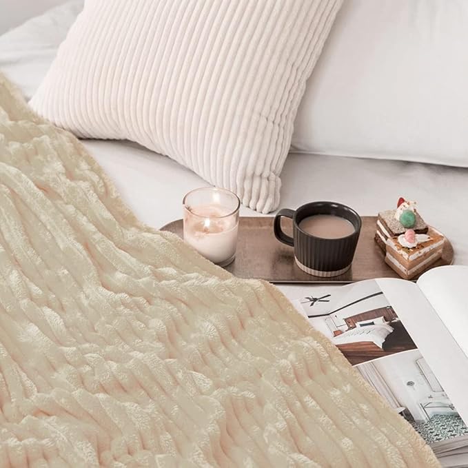 MIULEE Beige Throw Blanket 3D Ribbed Jacquard Fleece Flannel Velvet Plush Decorative Bed Blanket (Throw, 50" x 70") - Super Soft, Lightweight, Warm and Cozy for Couch Sofa