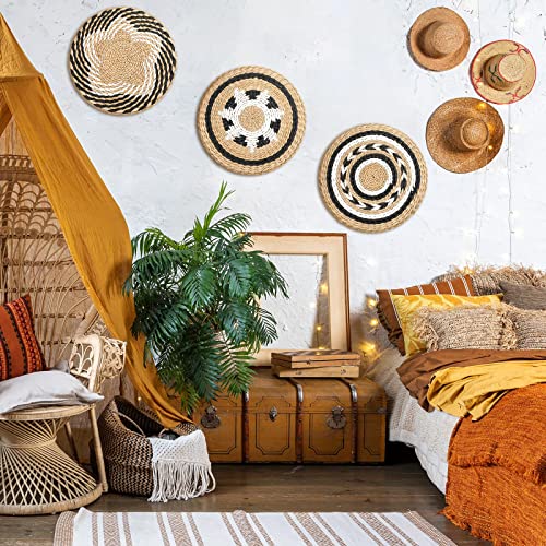 Glenmal 3 Pcs Boho Wall Basket Decor Decorative Bulrush Woven Basket Wall Decor Art Farmhouse Handmade Hanging Baskets with African Design for Living Room Display Table Settings Kitchen Home(Vivid) - style: Vivid