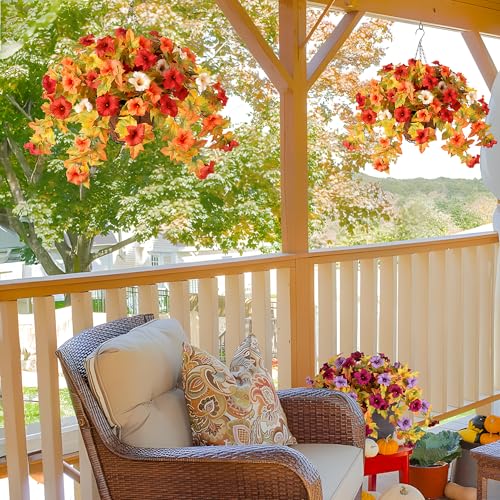 Ammyoo Artificial Fake Fall Flowers with Hanging Basket Plants for Outdoor Decoration, Silk Faux Flower UV Resistant Petunias for Home Porch Patio Garden Balcony Yard Decor Real Looking(Orange White) - color: Orange White Basket, size: 3 Pcs with Basket