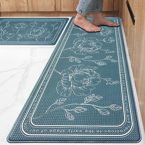 ROTTOGOON Kitchen Floor Mat Set of 2, Cushioned Anti Fatigue Kitchen Mat 17"x47"+17"x29", Non-Slip Waterproof Kitchen Rug, Premium PVC Comfort Kitchen Mats and Rugs for Kitchen, Office, Home, Laundry - color: Teal, size: 17"x47"+17"x29"