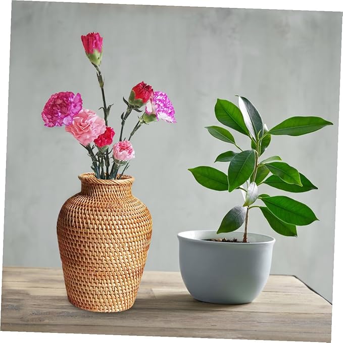 VOSAREA Rattan Vase Country Style Woven Plant Holder Basket Rustic Vase Hand Woven Dried for Home Decoration