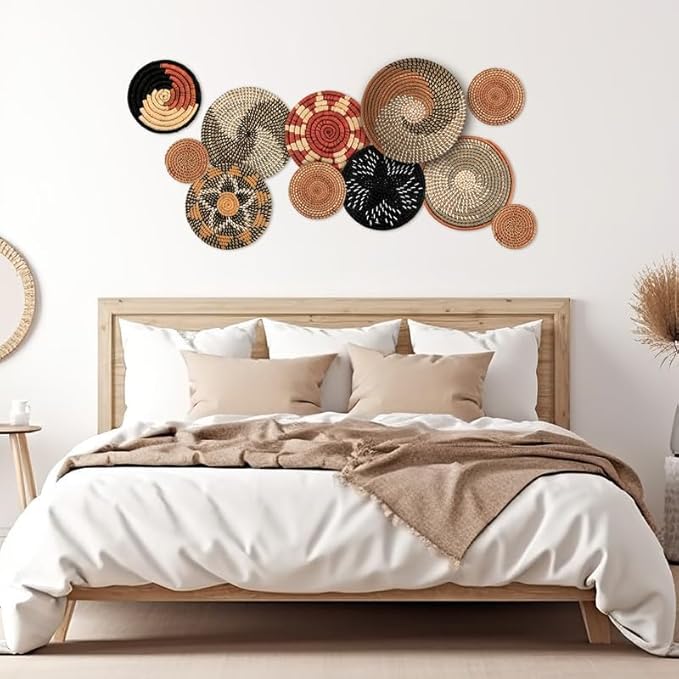 Tatuo 11 Pcs Boho Wall Basket Decor Decorative Bulrush Woven Basket Wall Decor Art Round Farmhouse Hanging Baskets for Kitchen Rustic Home Summer Decorations, Multi Sizes(Classic)