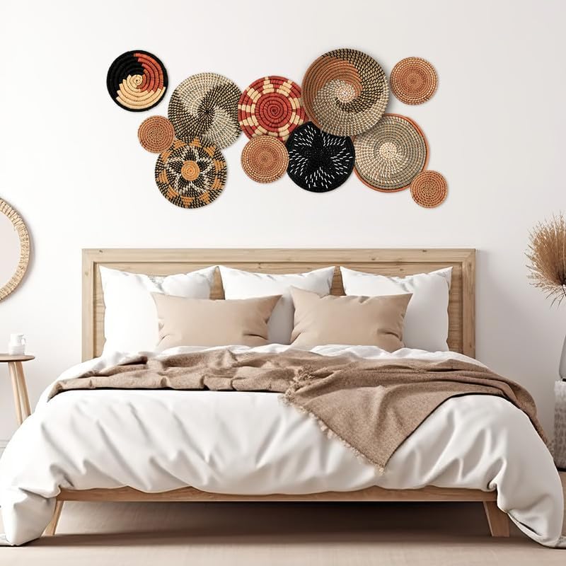 Tatuo 11 Pcs Boho Wall Basket Decor Bulrush Woven Wall Hanging Art Round Farmhouse Rustic Handmade Wicker for Summer Home, Bedroom, Living Room, Kitchen Decorations, Multi Sizes(Classic) - style: Classic