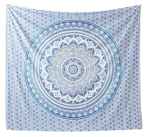Popular Handicrafts Tapestry Wall Hanging Hippie Mandala Bohemian Hippy Intricate Indian Tapestries Bedspread 90 x 108 Inches (230cm x 270cm) Blue Ombre