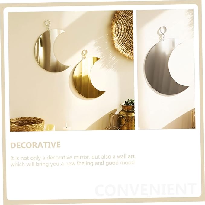 2pcs Boho Moon Mirror Wall Decor Acrylic Decorative Hanging Mirrors for Bedroom and Lounge Stylish Wall Art with Gold Silver Finish Space-Saving Home Decoration
