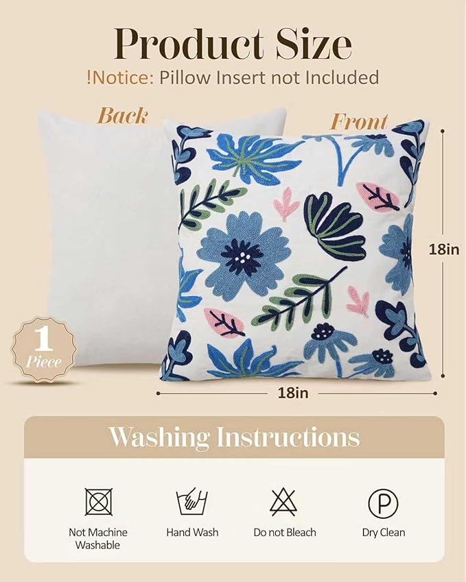 Embroidered Floral Boho Throw Pillow Cover 18x18 Inch - Decorative Cotton Pillow Case for Couch, Sofa, Bedroom, Living Room - Farmhouse Home Aesthetic Housewarming Gifts (Blue Serenity, 18" x 18")