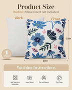 Embroidered Floral Boho Throw Pillow Cover 18x18 Inch - Decorative Cotton Pillow Case for Couch, Sofa, Bedroom, Living Room - Farmhouse Home Aesthetic Housewarming Gifts (Blue Serenity, 18" x 18")