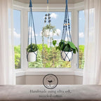Set of 3 Macrame plant hangers with Daisies & Beads Hanging plant holder Macrame Plant hangers outdoor and indoor hanging planters Plant stand indoor Boho Decor hanging planter stand (Peacock Blue)