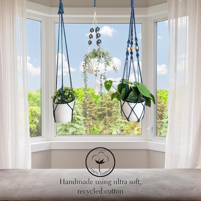 Set of 3 Macrame plant hangers with Daisies & Beads Hanging plant holder Macrame Plant hangers outdoor and indoor hanging planters Plant stand indoor Boho Decor hanging planter stand (Peacock Blue)