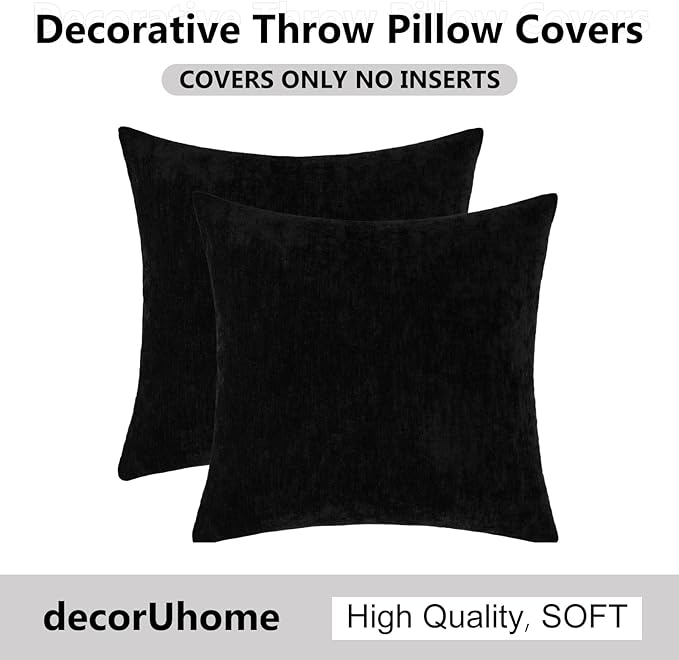 decorUhome Chenille Black Spring Euro Sham Throw Pillow Covers 22x22 Inch Set of 2, Decorative Soft Couch Pillow Covers Solid Dyed Accent Farmhouse Neutral Square Pillow Cases for Sofa