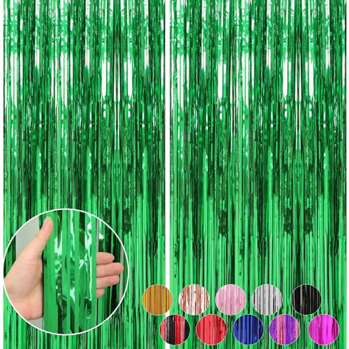 Crosize 2 Pack 3.3 x 9.9 ft Green Foil Fringe Backdrop Curtain, Streamer Backdrop Curtains, Streamers Birthday Party Decorations, Tinsel Curtain for St. Patrick's Day Parties, Galentines Decor - color: Green, size: 2 Pack