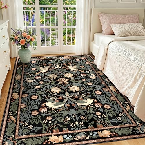 Boho Rug 3'x5',Washable Area Rugs for Bedroom Living Room Entryway Bedside,Small Farmhouse Bohemian Botanical Distressed Non Slip Carpet,Black Floral Bird - color: Black Floral Bird, size: 3'x5'