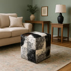 Unstuffed Premium Hair-on Leather Ottoman Pouf Cover, Boho Handmade Genuine Cowhide Square Footstool, Modern Cube Ottoman Footrest for Home Decor Living Room, Bedroom - 18X18 Inch, Black & White