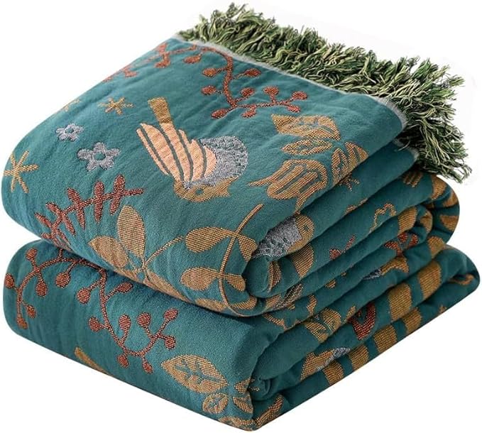 Boho Throw Blanket for Bed-100% Cotton Soft Breathable Farmhouse Decor Boho Quilt for Sofa Bed (Green Floral Bird, 90"x98")