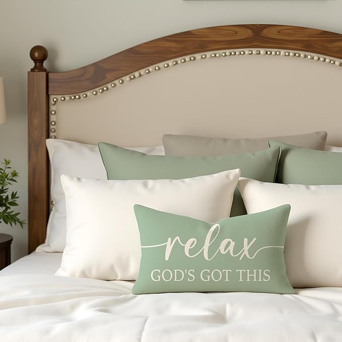 Farmhouse Sage Green Pillow Covers 12x20 Inch Set of 2 – Christian Lumbar Decorative Throw Pillowcase – Give It to God and Go to Sleep/Relax God’s Got This – Faith Decor for Home