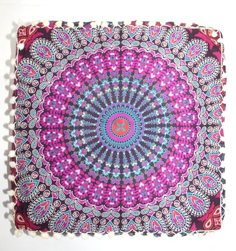 INDIAN CRAFT CASTLE Pink Peacock Mandala Mandala Barmeri Large Floor Pillow Cover Cushion Meditation Seating Ottoman Throw Cover Hippie Decorative Zipped Bohemian Pouf Ottoman Cases 16" Square - color: Pink, size: 16"D x 16"W x 5"H