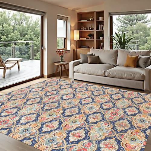Boho Vintage Flower Washable Area Rug 5 x 7 Ft, Bohemia Retro Floral Soft Non Slip Large Rugs Indoor Home Decor, Entryway Floor Carpet Living Room Bedroom Kitchen Dining Room Decoration