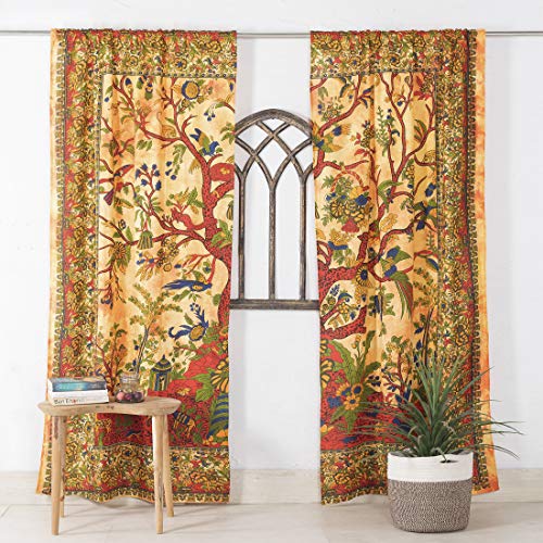 Popular Handicrafts Indian Hippie Bohemian Beautiful Tree of Life Tie Dye Mandala Curtain Panels Green - color: Yellow, size: 38"W x 83"L (Pack of 2)