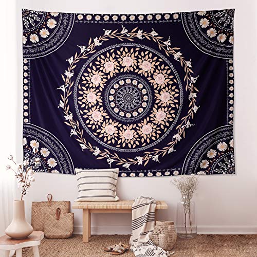 FLY SPRAY Mandala Tapestry Aesthetic,Boho Tapestries Wall Hanging,Dark Rose Floral Medallion Tapestrys,Bohemian Wall Art Hippie Decor for Bedroom Living Room Ceiling - color: Boho Tapestry-Navy Blue, size: 80"L x 60"W