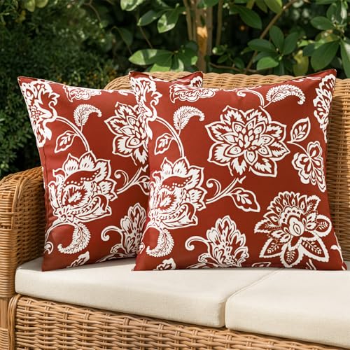 Decorative Outdoor Floral Pillow Covers Set of 2,Waterproof Boho Farmhouse Throw Pillows Summer Accent Pillowcases for Patio Furniture Garden Sofa 18x18 Inch, Brick - color: Brick