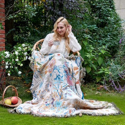 LUTBM Boho Throw Blanket for Couch Sofa Chair Cotton Summer Blankets for Bedroom Living Room All Season Soft Lightweight Reversible Floral Embroidery Decorative Throws 50"x60" Home Decor - color: Branches Tendrils, size: 50"×60"
