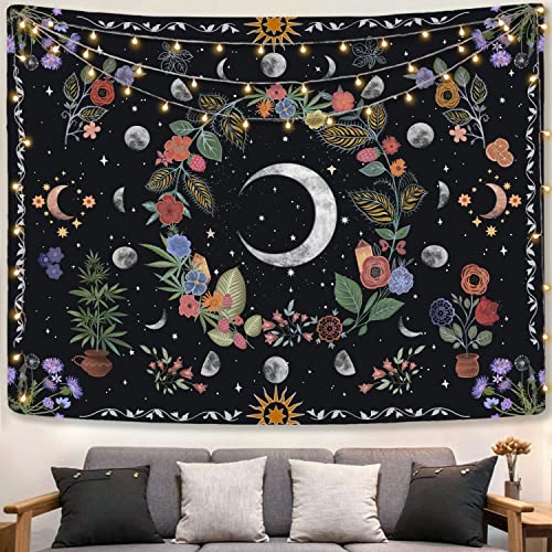 Kanuyee Floral Moon Tapestry Flower Tapestry for Bedroom Boho tapestries Wall Hanging Aesthetic for Bedroom and Living Room Moon 60×80 Inches - color: Colorful Black, size: 80"L x 60"W