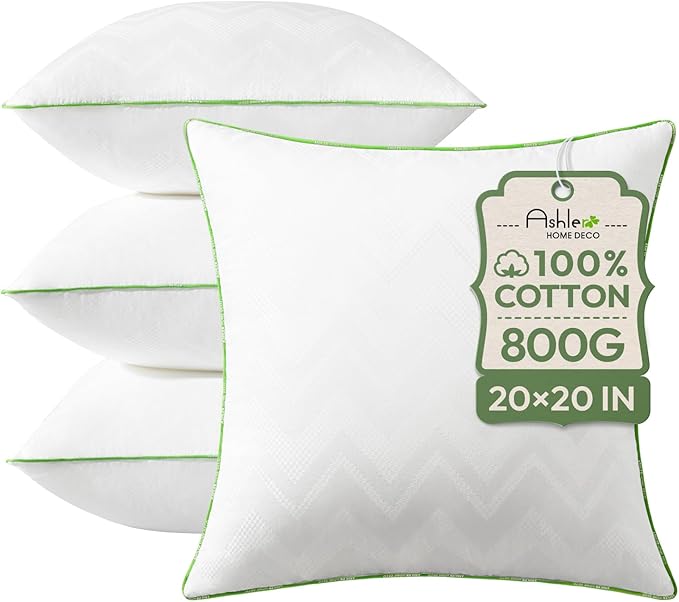 Ashler Home Deco 20x20 Pillows Insert (Set of 4) - Throw Pillow Inserts with 100% Cotton Cover - 20 Inch Square Interior Sofa Stuffer Pillow Inserts -Decorative White Couch Pillow