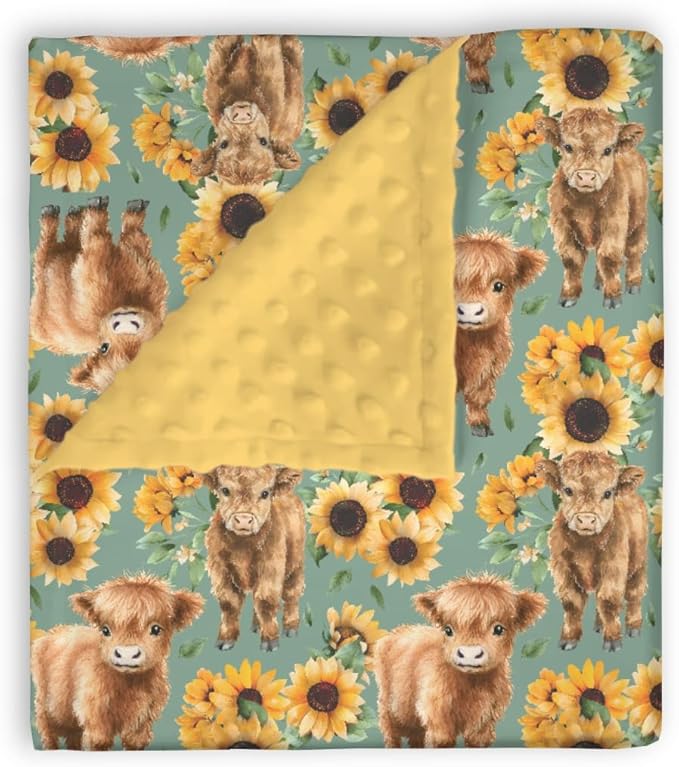 Mink Baby Girls Blankets Highland Cow Sunflower, Western Cowgirl Calf Flower Soft Double Layer Dotted Backing Receiving Swaddle, Newborn Infant Toddler Nursery Crib Bedding Shower Gift 30 x 40