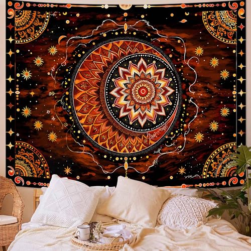 Wegklazax Celestial Mandala Tapestry, Sun Moon Floral Wall Art for Room Decor, Warm Bohemian Mystical Home Decor 60" L x 44" W - color: Red Yellow Black, size: 60"L x 44"W