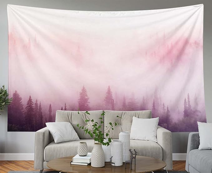 EMMTEEY Foggy Forest Tapestry Tree Tapestry Forest in the Pink Mist at Sunup Light Pink Tapestry 60X50 Tapestry