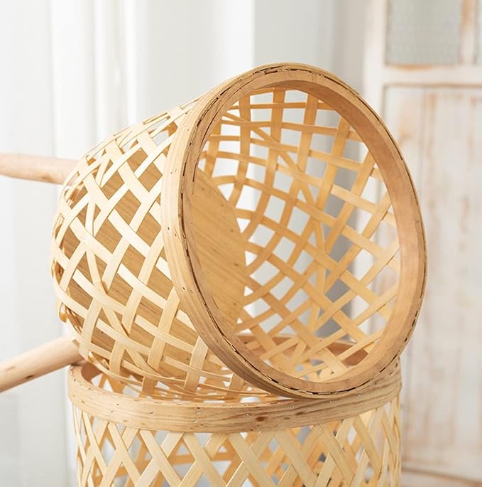 RISEON Set of 2 Handmade Mid Century Modern Planter, Rustic Indoor Rattan Basket Flower Pot Plant Stand,Large Floor Planter