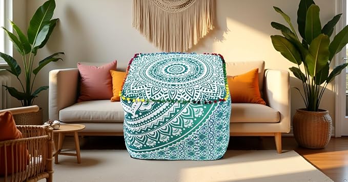 CRAFT KALA Mandala Meditation Floor Pillows Square Pillow Cover Seating Hippie Decorative Adults Bohemian Floor Cushion Cover Outdoor Living Room Throw Ottoman Poufs Cover 22X22X14 inches, Green Ombre