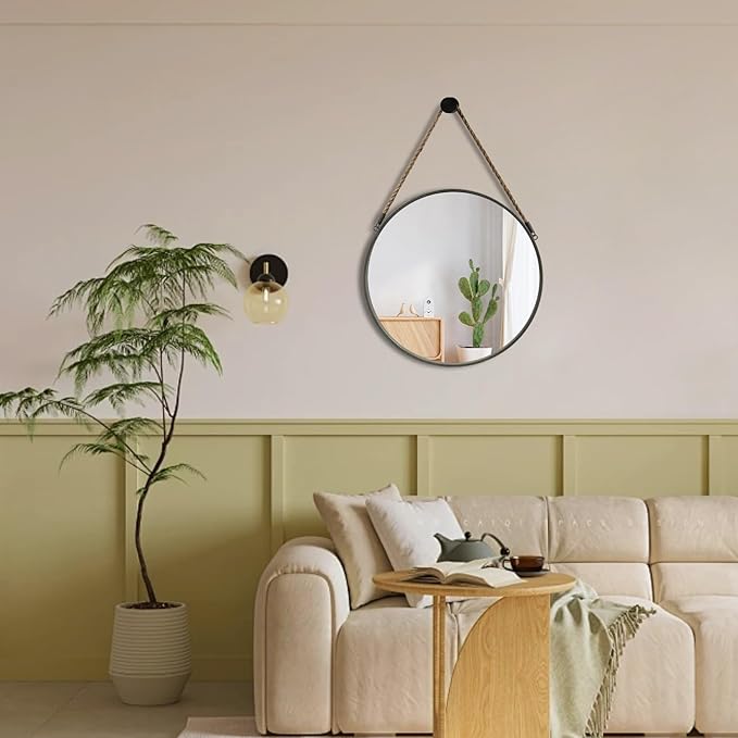 POZINO Round Mirror, Rope Hanging Mirror, 15 Inch Farmhouse Circle Wall Mirror for Bathroom Bedroom Living Room Entryway Home Decor, Grey