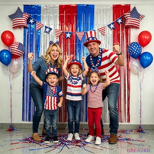 Blue Silver Red Party Streamers - GREATRIL Patriotic Tinsel Foil Fringe Backdrop Decorations for 4th of July/Independence Day/Memorial Day Party Supplies 3.2ft x 8.2ft 2 PCS - color: Blue Silver Red
