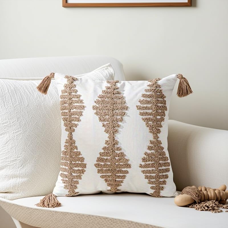 Andreannie Pack of 2 Boho Tufting Throw Pillow Cover Embroidered Textured Cushion Cover with Tassels Soft Home Decororative for Couch Sofa 18x18 inch (Boho Brown) - color: Boho Brown