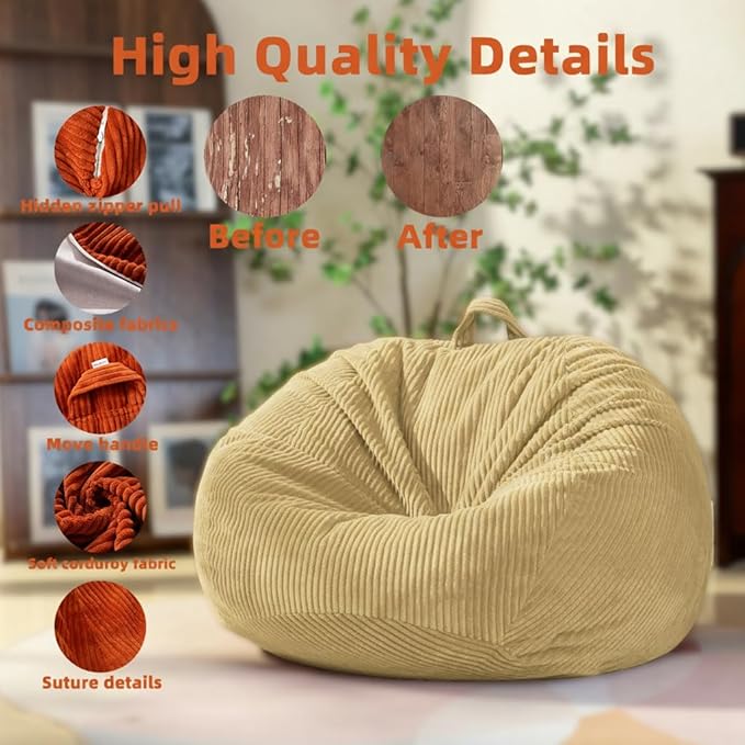 Stuffed Animal Storage Bean Bag Chair Cover (No Filler), Large Toy Storage Organizer & Comfy Kids Sofa Chair for Playroom, Teens Adults Toddler,Corduroy (Khaki, Cover Only)