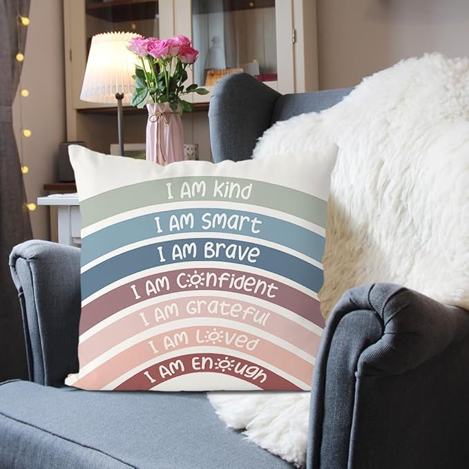 QIYUHOY Rainbow Classroom Throw Pillow Covers, Book Center Calming Corner Playroom Decor Pillow Case, Crimson Pillow Cover, I Am Kind Smart Brave Confidence 18x18 Inch Pillowcase（Crimson）