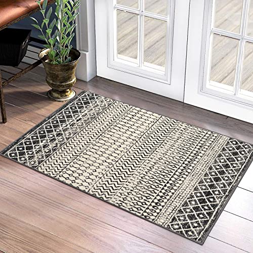 Moroccan Area Rug, 2x3 Black Distressed Entryway Rug Non-Slip Small Rug, Soft Low-Pile Washable Indoor Door Mat Floor Carpet for Entrance Bedroom Kitchen Bathroom - color: Black, size: 2' x 3' (Rectangular)