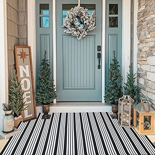 Black and White Striped Outdoor Rug Front Porch Rug 35.4'' x 59'' Front Door Mat Cotton Hand-Woven Reversible Mats for Outdoor,Entryway,Laundry Room,Farmhouse,Kitchen - color: Black&white Stripe, size: 3' x 5' (Rectangular)