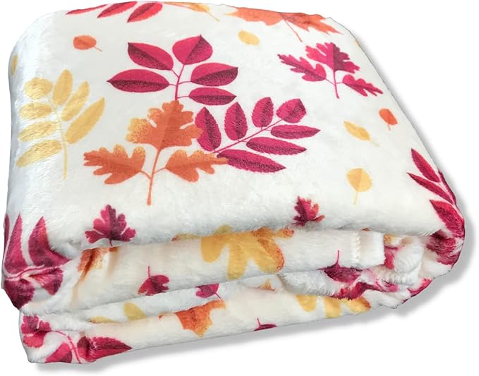 Fall Throw Blanket: Colorful Autumn Leaves, Burgundy Red Burnt Orange Yellow Print on Soft Fleece for Sofa Bed Couch Chair or Dorm