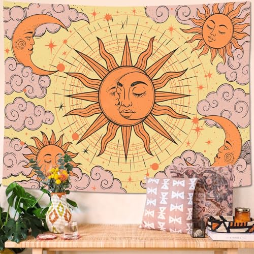 Kanuyee Sun Moon Tapestry Celestial Wall Art Tapestries Boho Hippie Room Decor Aesthetic Wall Hanging for Bedroom Dorm Living Room Mystical Cosmic Art 80x60 Inch - color: Pink Yellow, size: 80"L x 60"W