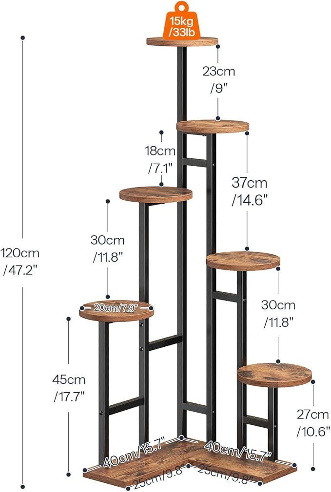 HOOBRO Corner Plant Stand Indoor, 7-Tier Plant Shelf for Multiple Indoor Plants, Corner Plant Rack Organizer, Round Flower Stand, for Living Room, Balcony, Patio, Rustic Brown and Black BF02HJ01