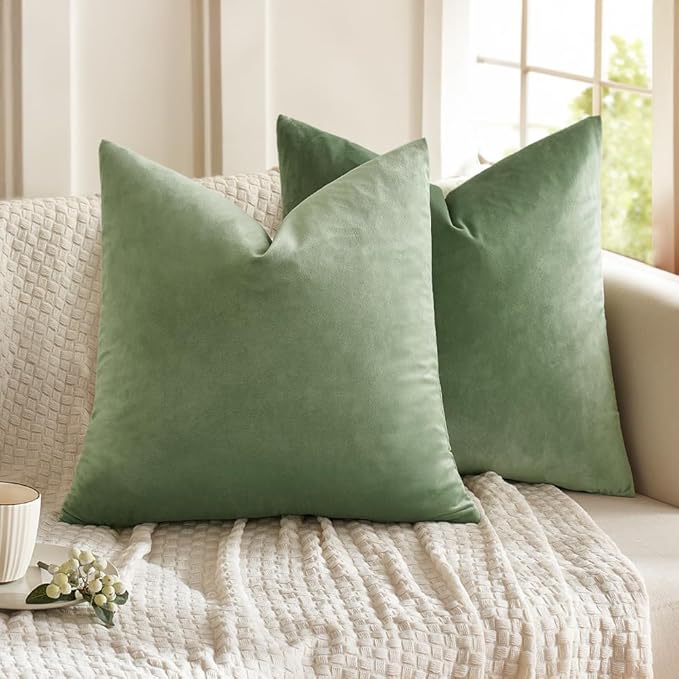 MIULEE 24x24 Inch Euro Sham Velvet Pillow Covers, Set of 2 Large Square Decorative Spring Pillows -Sage Green Super Soft for King Bed, Sofa, Couch, Accent Chairs