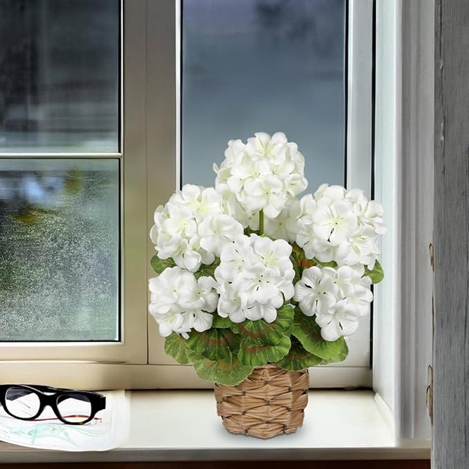 Briful Artificial Geraniums Flowers Potted Plant - 13.7'' Tall Faux White Silk Realistic Lush Geraniums Flowers in Basket, Indoor&Outdoor Decorative Plant, Farmhouse Home Porch Office Patio Table